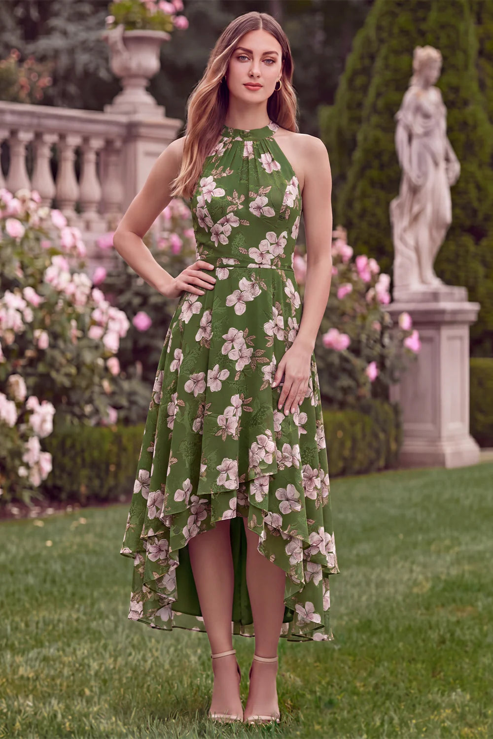 Halter Green Printed Flower A Line High Low Wedding Guest Dress