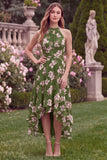 Halter Green Printed Flower A Line High Low Wedding Guest Dress