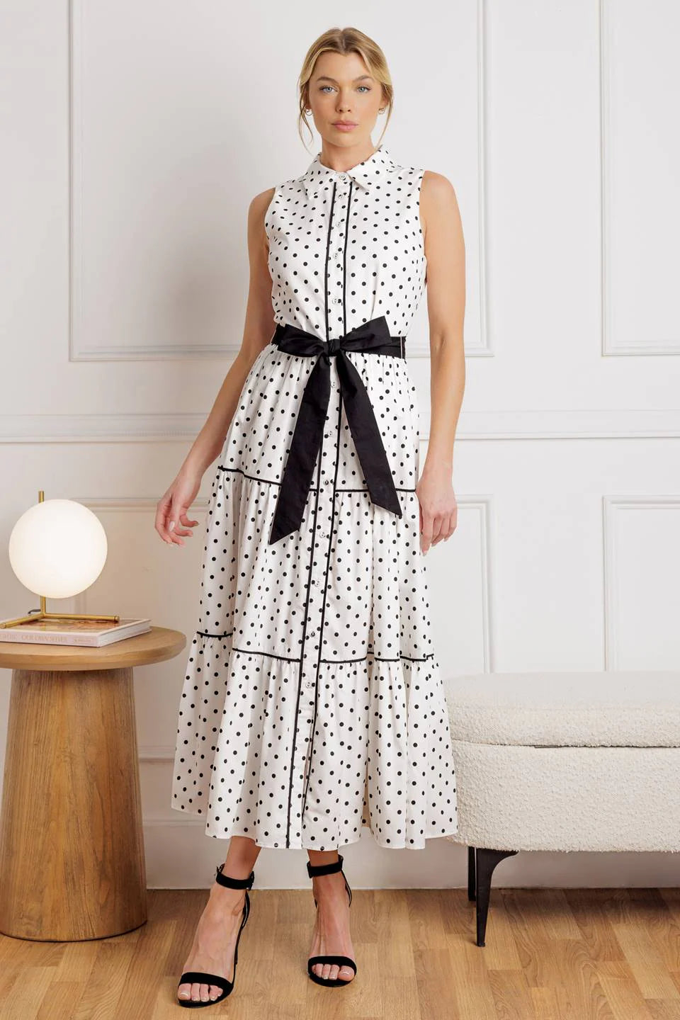 RETRO DOTS WHITE BLACK POLKA DOT MIDI DRESS
