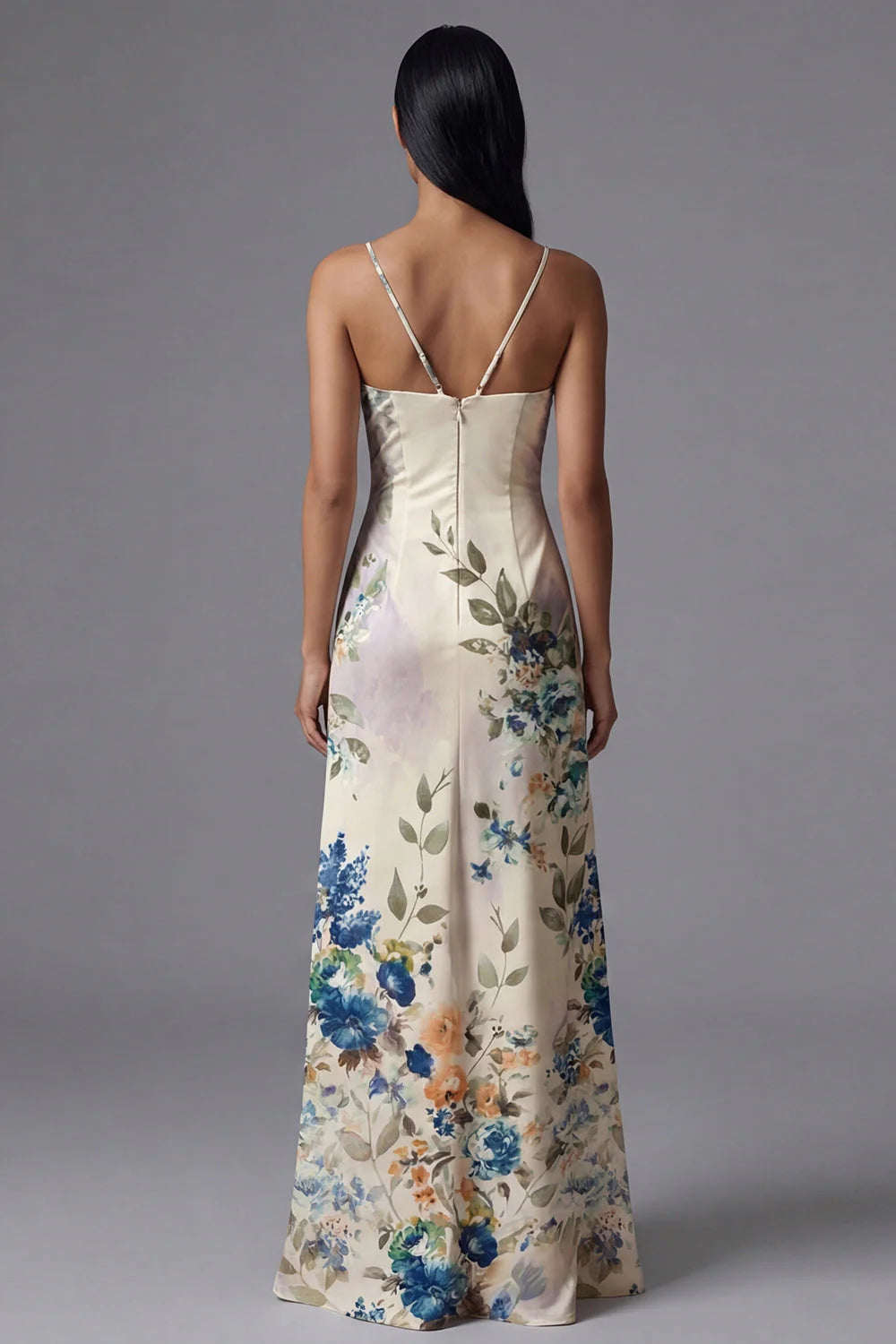 Floral Printed Ivory Ruched Long Formal Dress with Slit