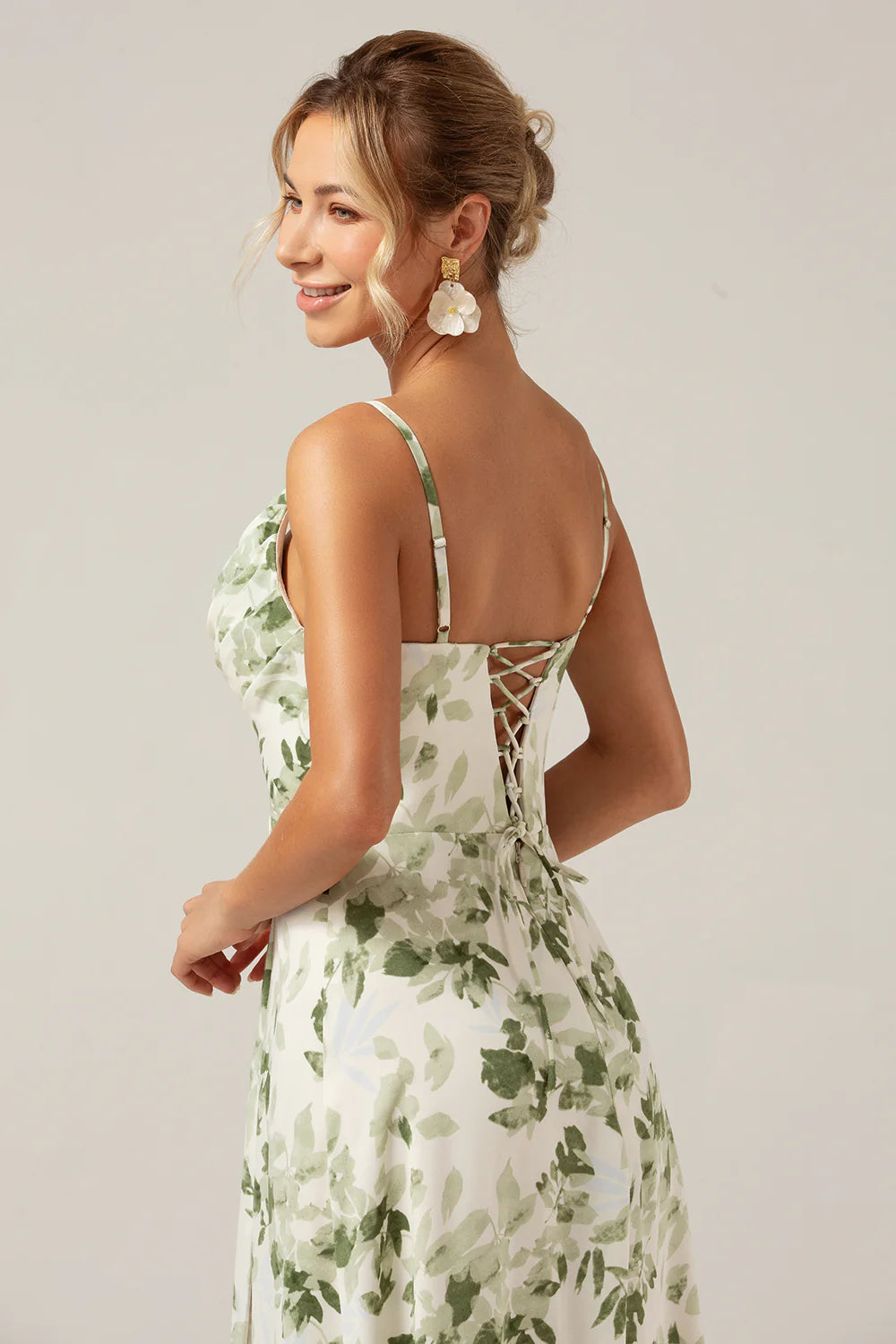 Green Printed A Line Cowl Neck Long Plus Size Bridesmaid Dress With Slit