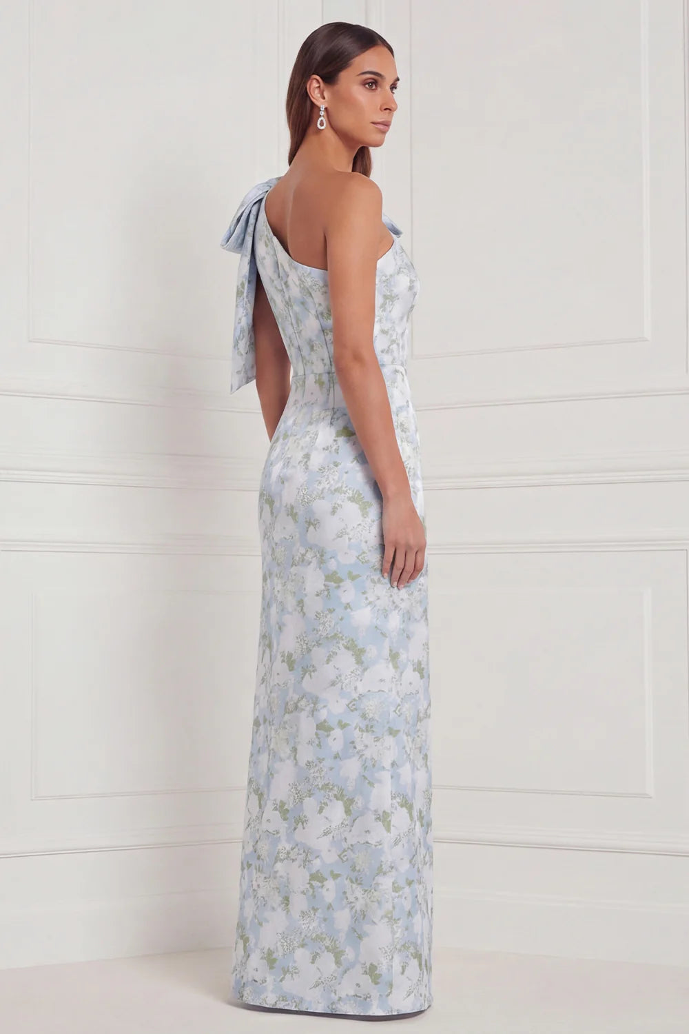 One Shoulder Blue White Flower Mermaid Bridesmaid Dress with Slit