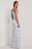 One Shoulder Blue White Flower Mermaid Bridesmaid Dress with Slit