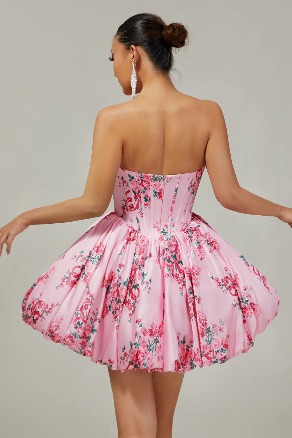 White Blue Flower A Line Strapless Printed Homecoming Dress with Beading