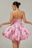Pink Flower A Line Strapless Printed Homecoming Dress with Beading
