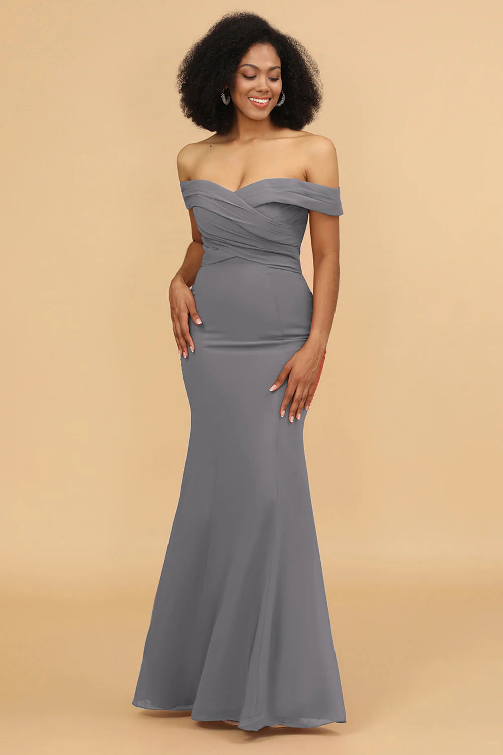 Off the Shoulder Mermaid Ruched Chiffon Bridesmaid Dress