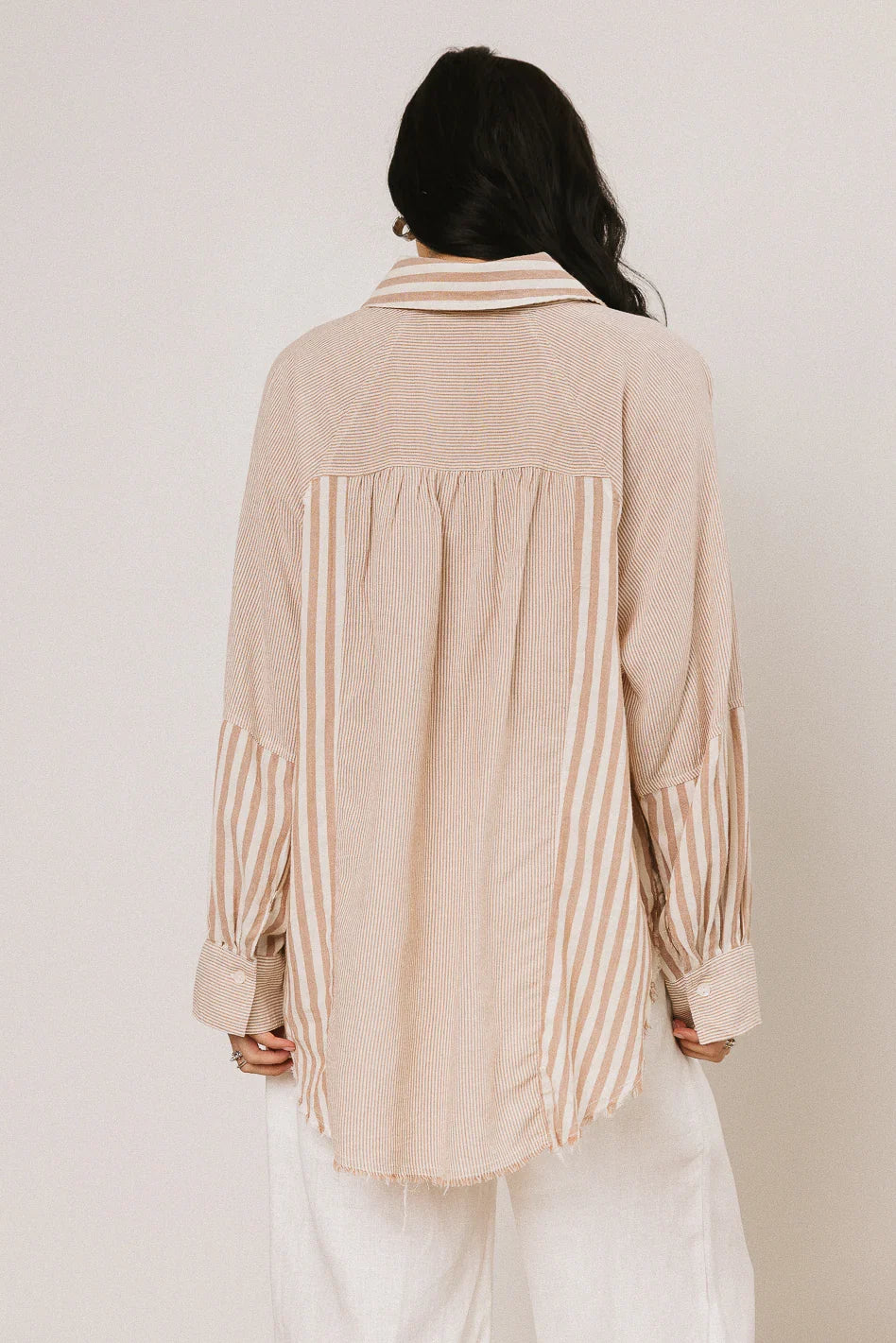 Gia Striped Button Up in Taupe FINAL SALE