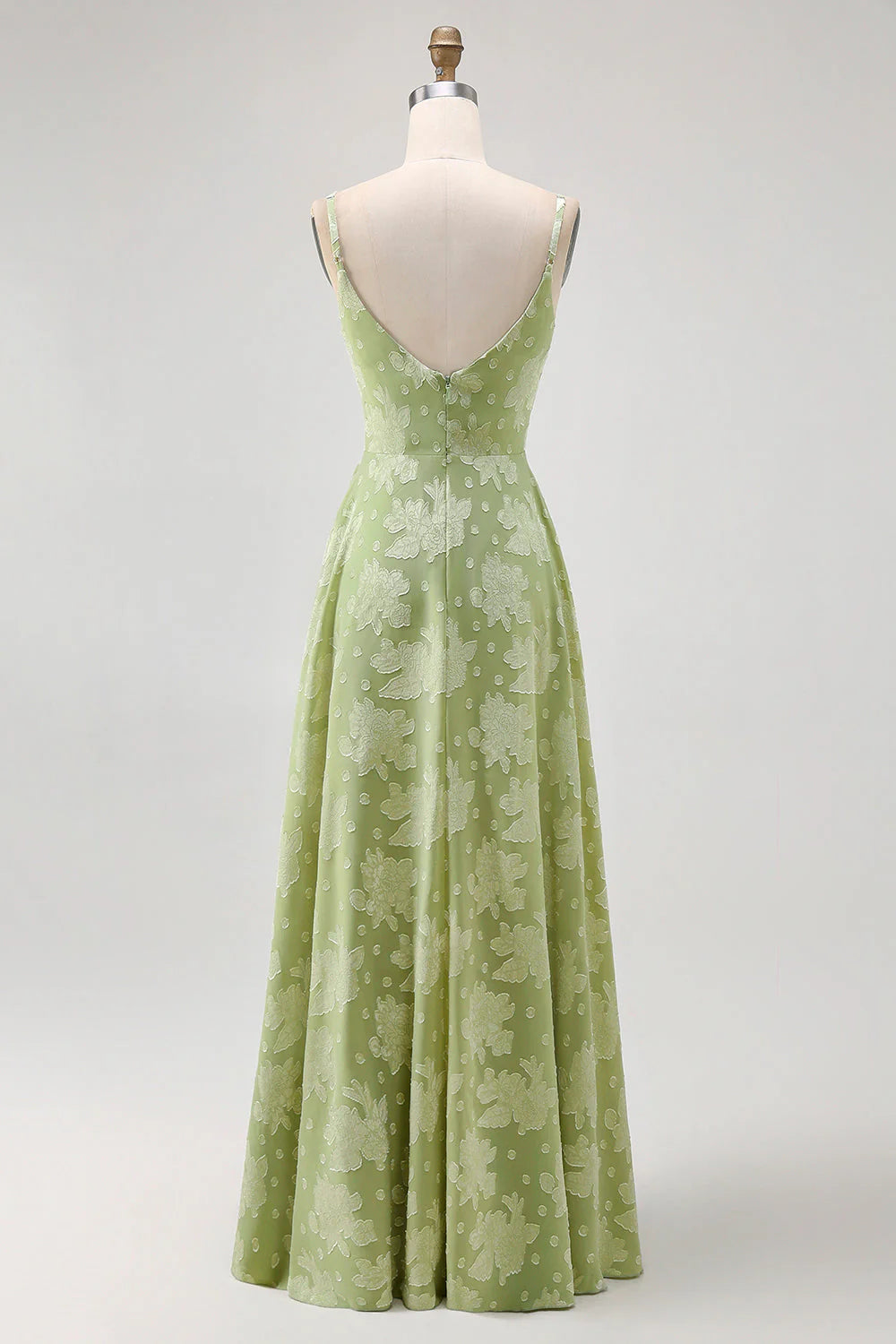 Sage Green Floral A Line Jacquard Spaghetti Strap Maxi Dress with Slit