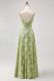 Sage Green Floral A Line Jacquard Spaghetti Strap Maxi Dress with Slit