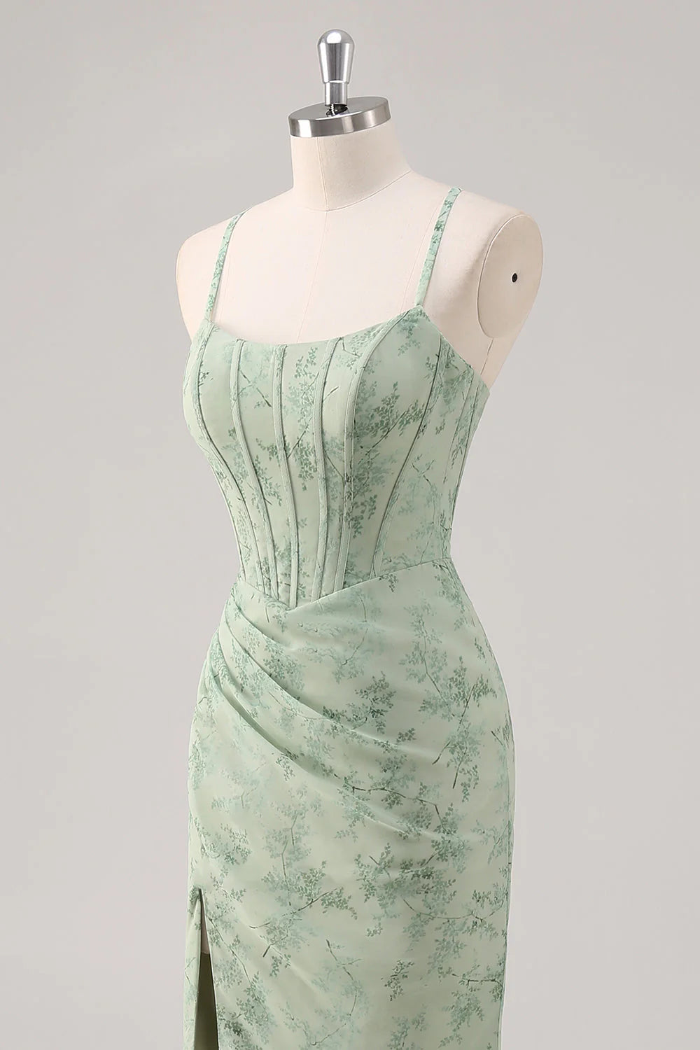 Green Floral Mermaid Lace Up Back Corset Long Bridesmaid Dress with Slit