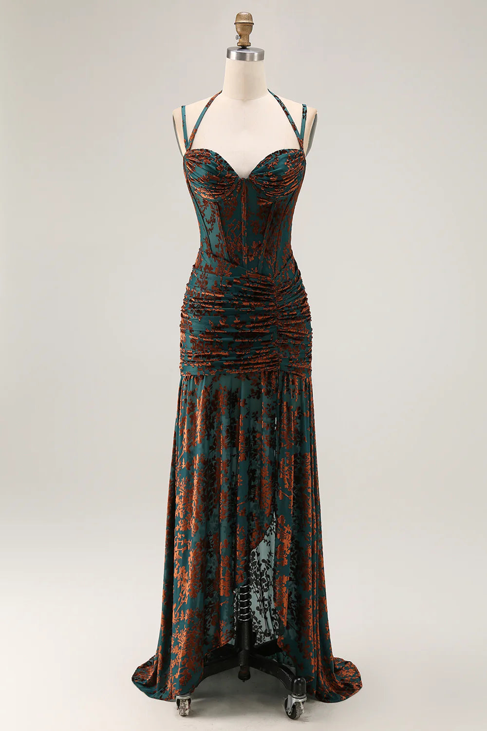 Dark Green Sheath Sweetheart Corset Long Floral Burnout Dress with Slit