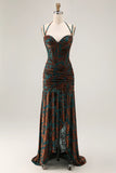 Dark Green Sheath Sweetheart Corset Long Floral Burnout Dress with Slit