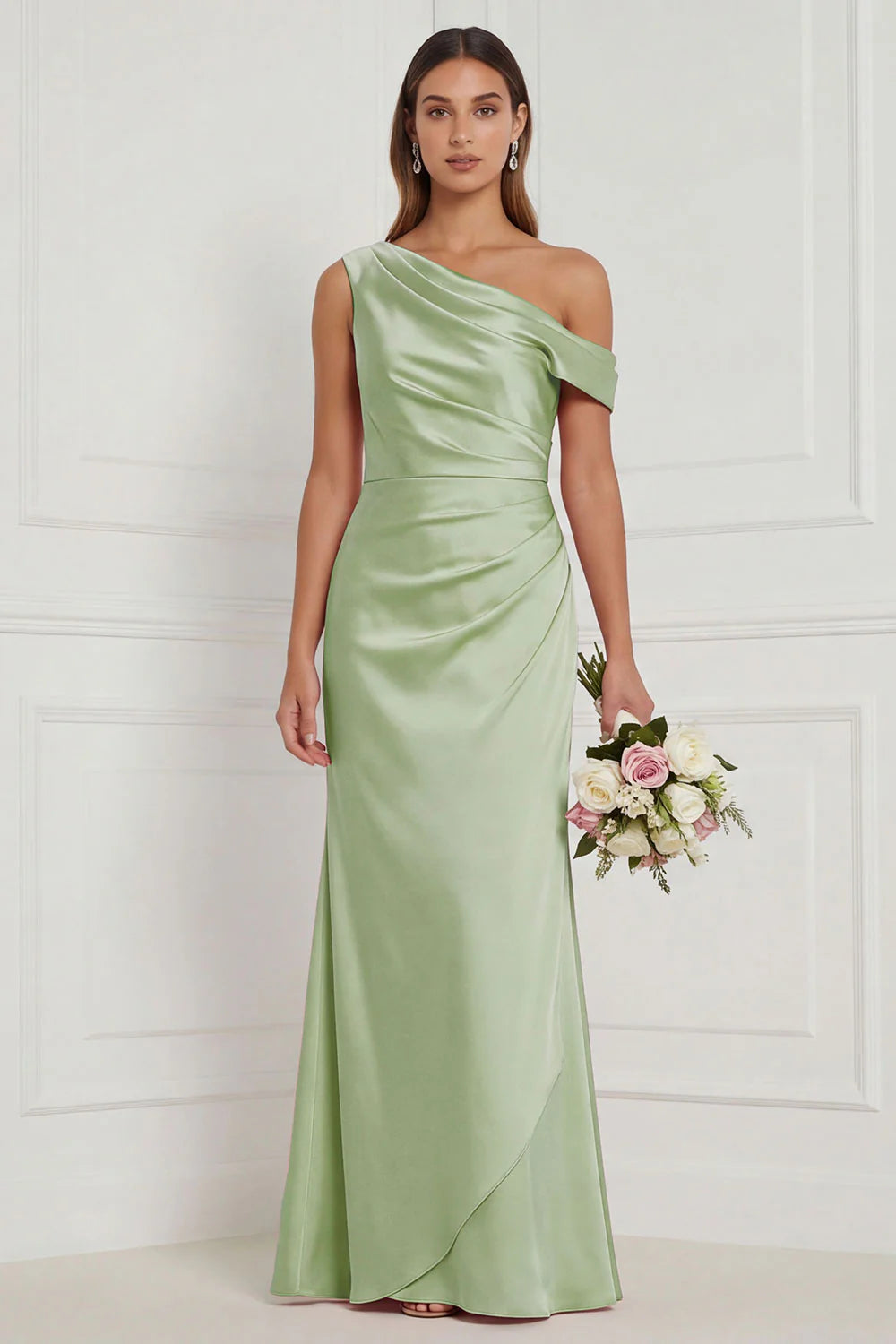 Burnt Orange Asymmetrical Neck Mermaid Ruched Satin Bridesmaid Dress