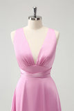Pink A Line Deep V Neck Backless Long Bridesmaid Dress with Slit