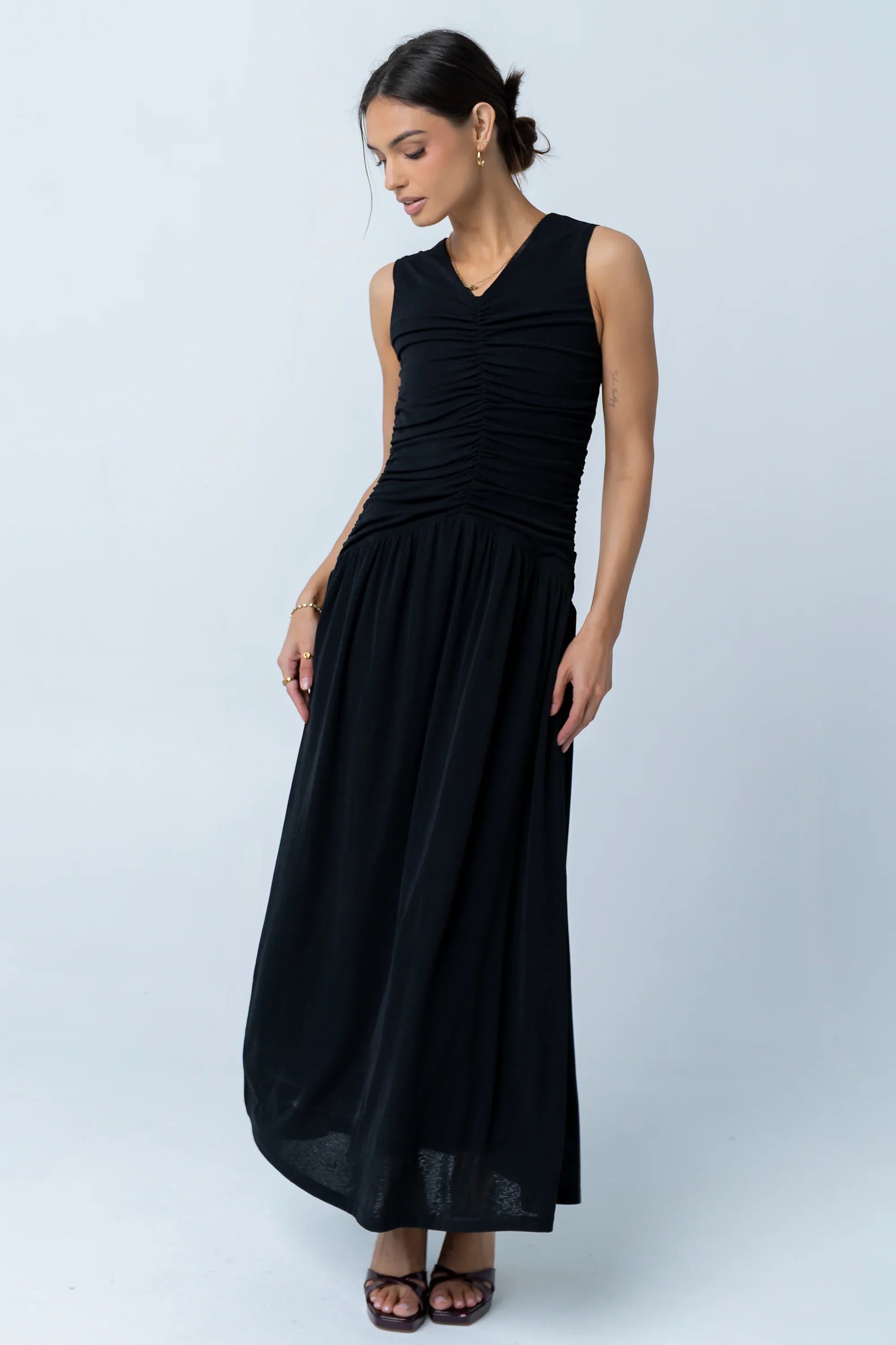 Kandi Ruched Maxi Dress in Black