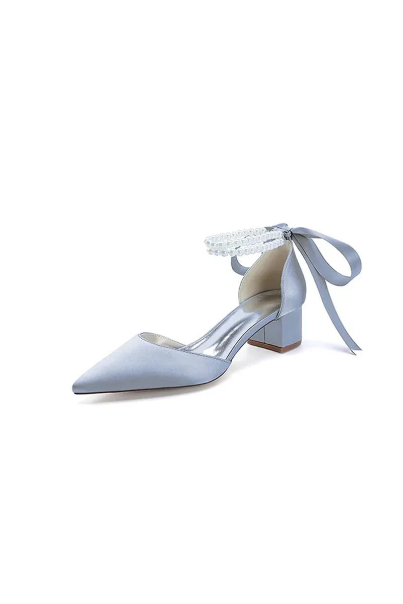 Pointed Toe Double Pearl Ankle Strap Party Shoes With Ribbon Tie