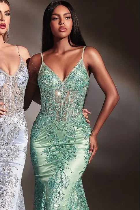 Lyra Gown Sage FITTED FLORAL GLITTER PRINT CORSET GOWN