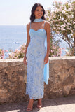 Blue Floral Lace Spaghetti Straps Wedding Guest Dress with Scarf