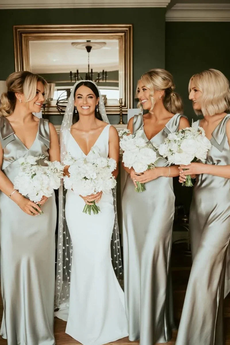 Sheath V Neck Sage Green Silk Satin Bridesmaid Dress with Bow
