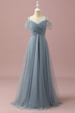 Grey Blue A Line Cold Shoulder Floor Length Tulle Junior Bridesmaid Dress
