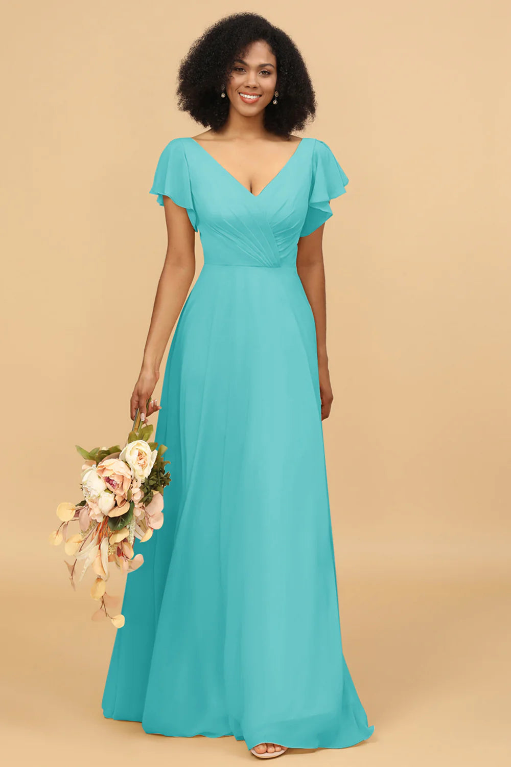 V Neck Cape Long Floor Length Chiffon Bridesmaid Dress