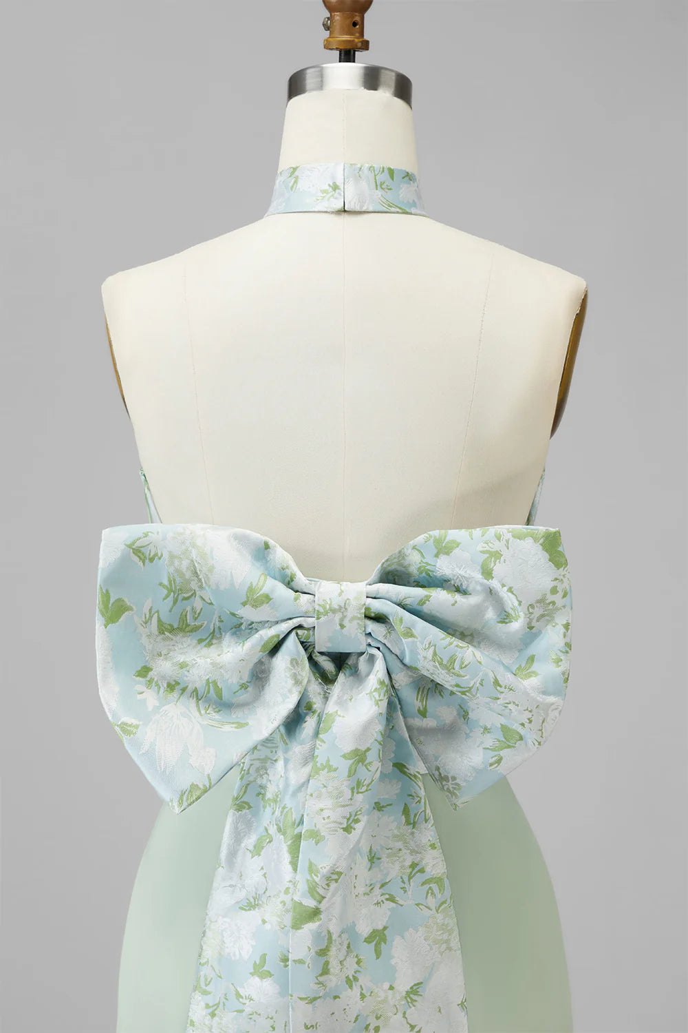 Green Printed Mermaid Halter Satin Bridesmaid Dress with Bow
