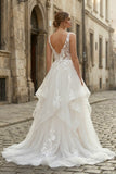 Charming A line V Neck Sleeveless Wedding Dress with Lace Appliques