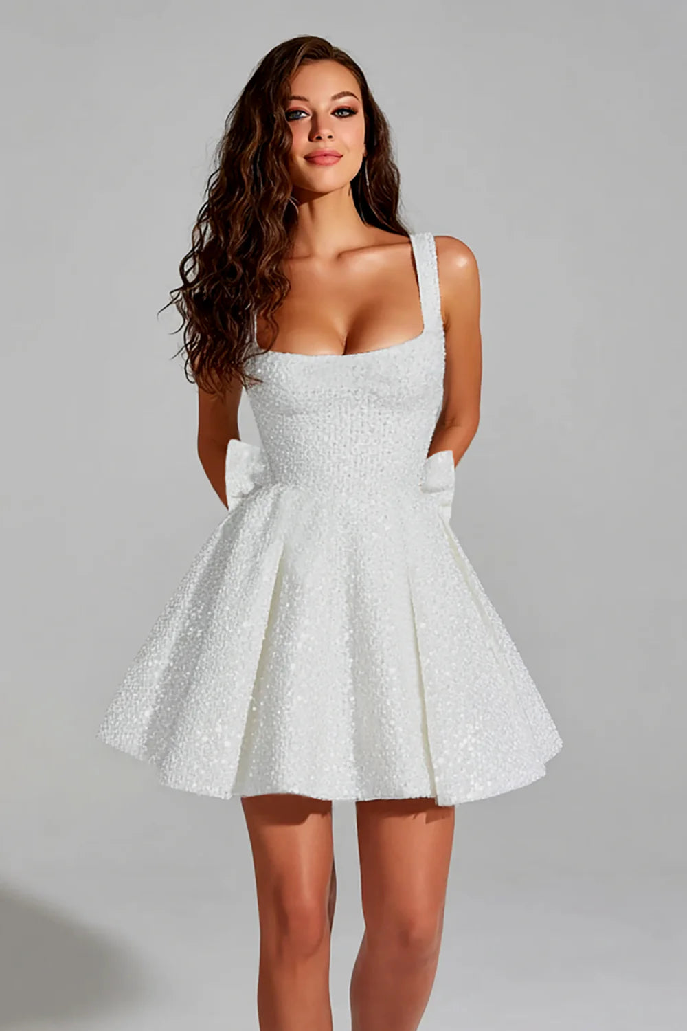 Sparkly Black A Line Square Neck Homecoming Dress with Bow