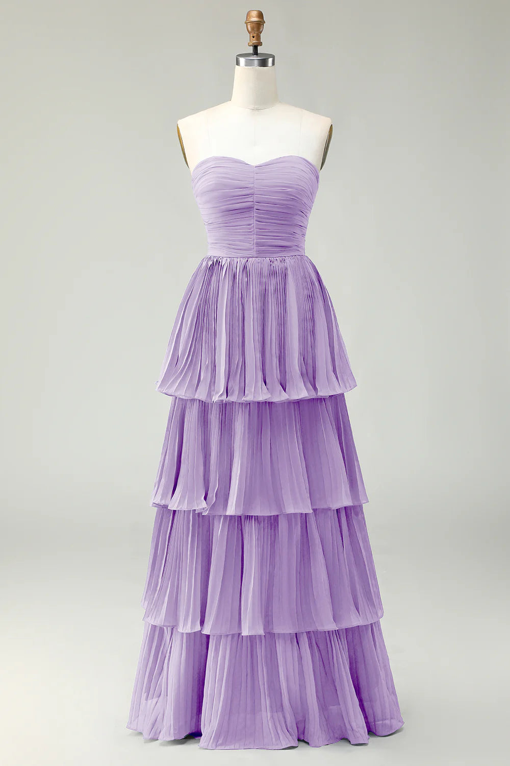 Dusty Blue A Line Strapless Pleated Tiered Long Bridesmaid Dress with Ruffles
