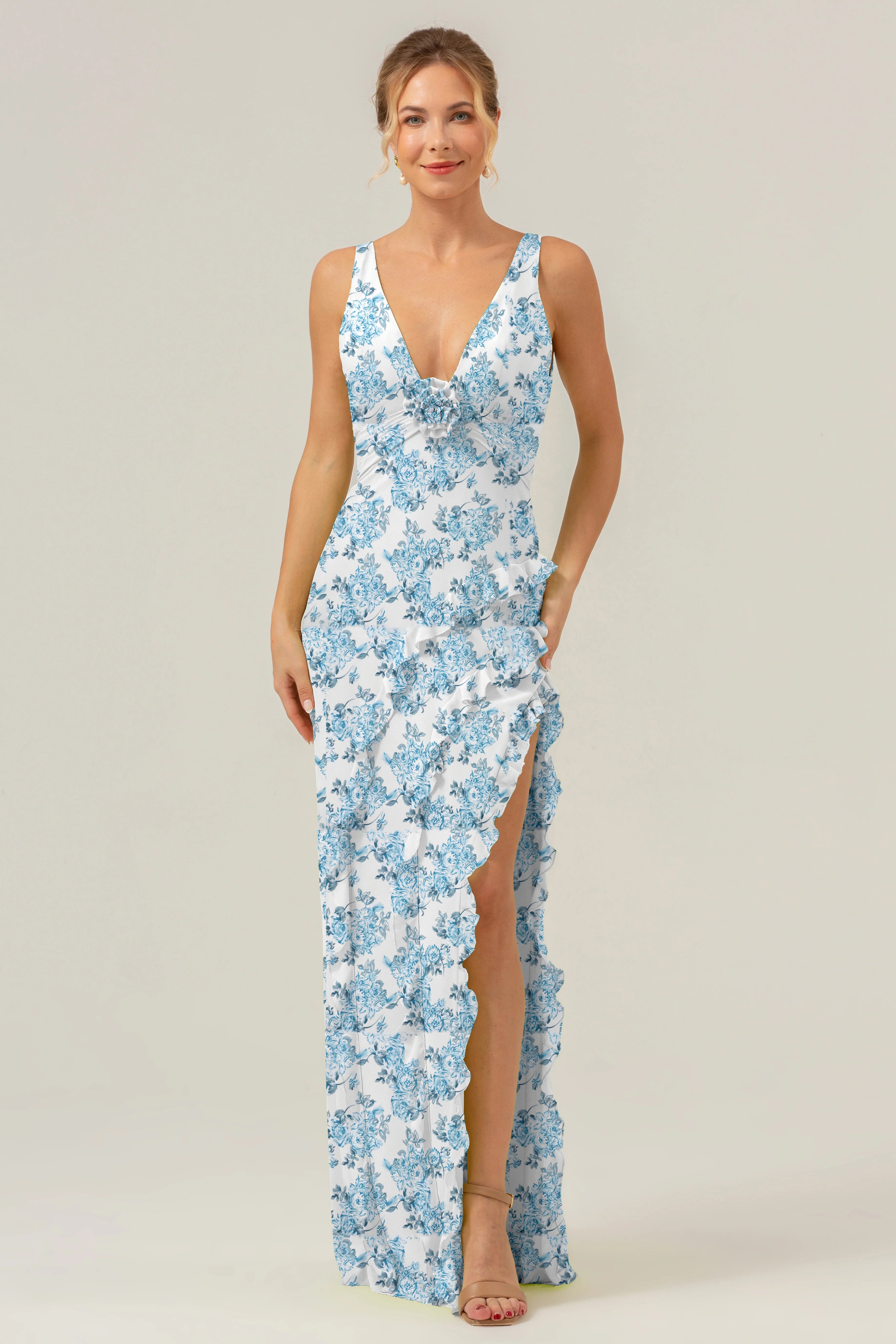 Green Large Floral Sheath V Neck Open Back Bridesmaid Dress with Ruffle Slit