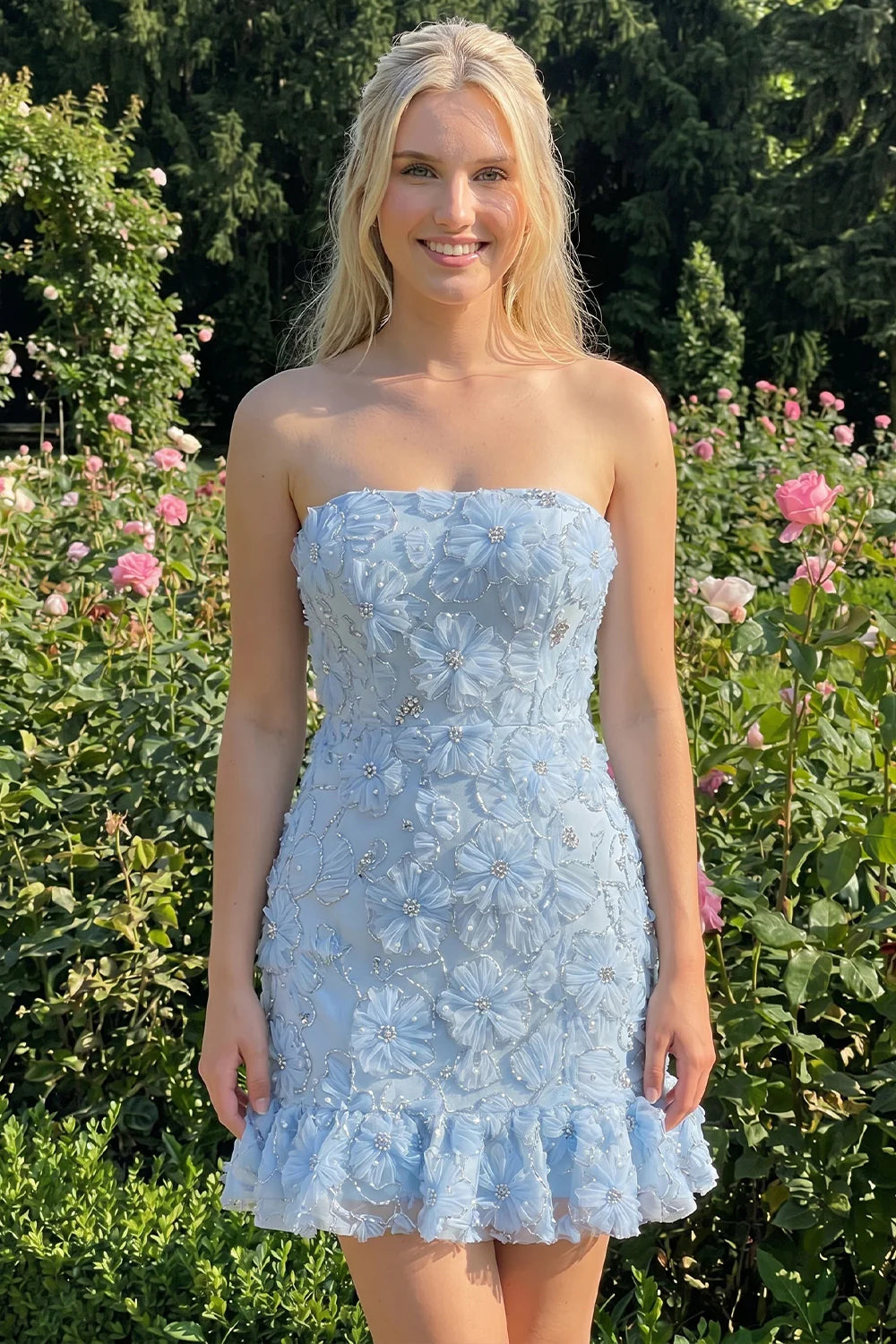 Light Blue Strapless Bodycon Beaded Short Homecoming Dress with 3D Flowers
