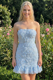 Light Blue Strapless Bodycon Beaded Short Homecoming Dress with 3D Flowers
