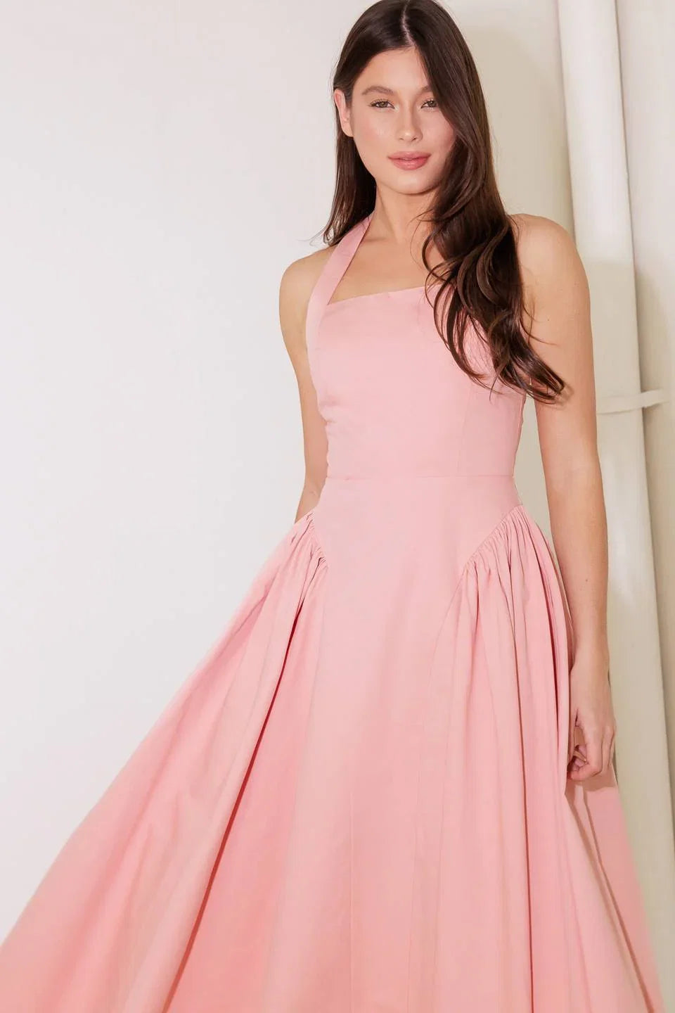 CAUGHT IN THE RAIN HALTER MIDI DRESS SOFT PINK