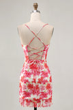 Red Flower Bodycon Ruched Printed Homecoming Dress