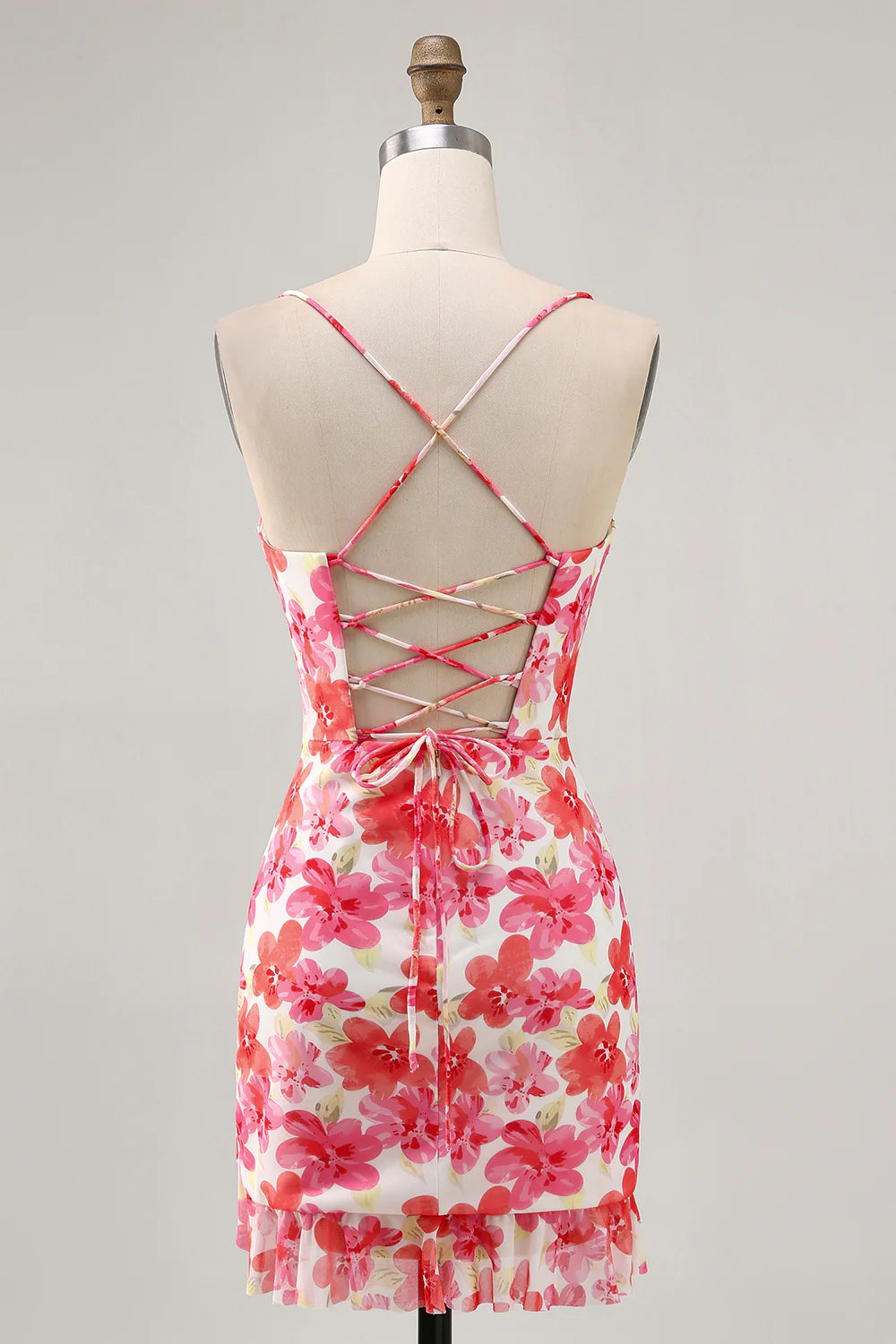 Red Flower Bodycon Spaghetti Straps Printed Homecoming Dress