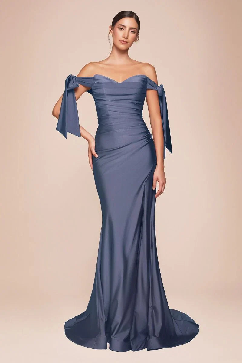 Amber Gown Off Shoulder Stretch Spandex Satin Dress With Ties