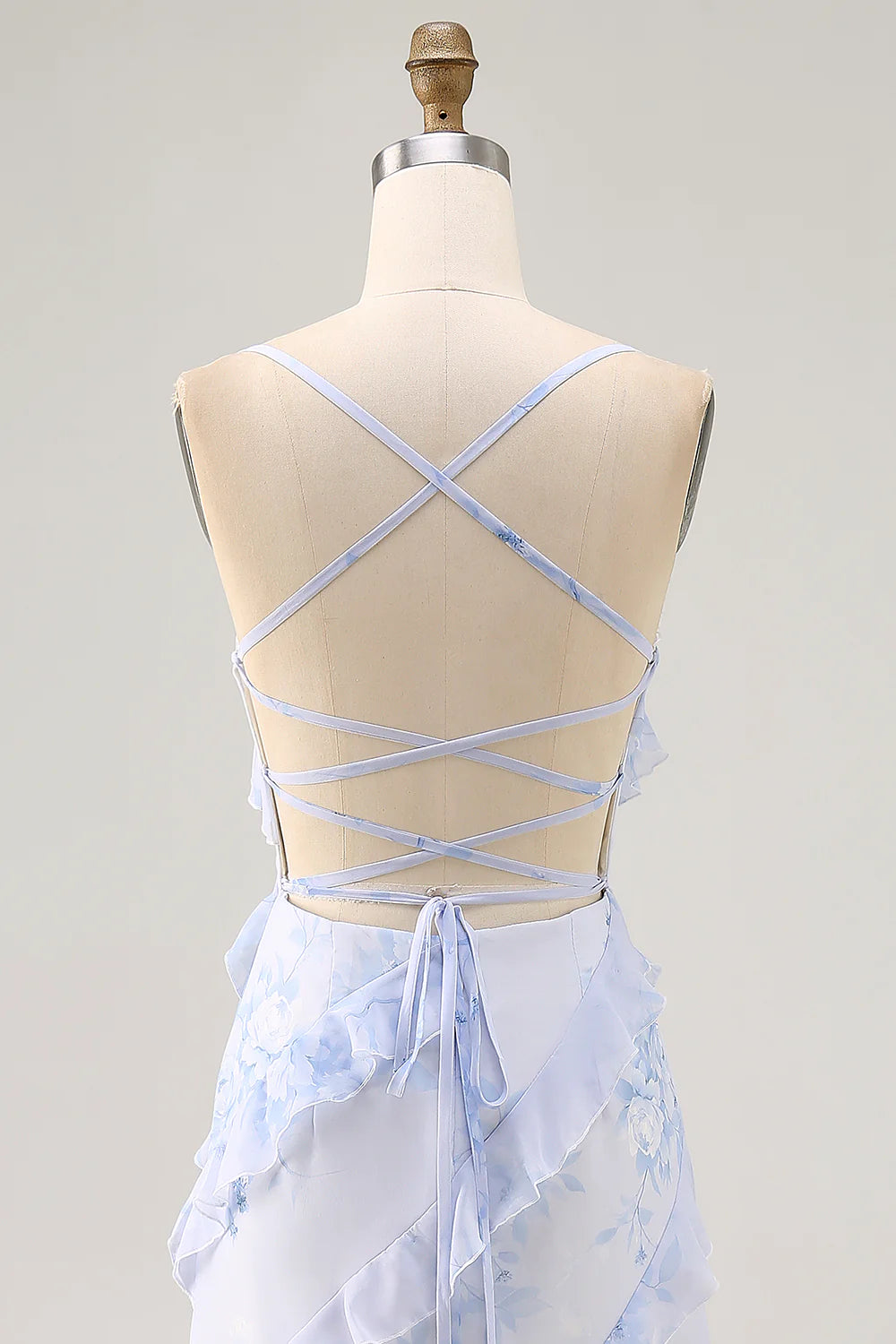Blue Flower Sheath Printed Long Bridesmaid Dress with Lace Up Back