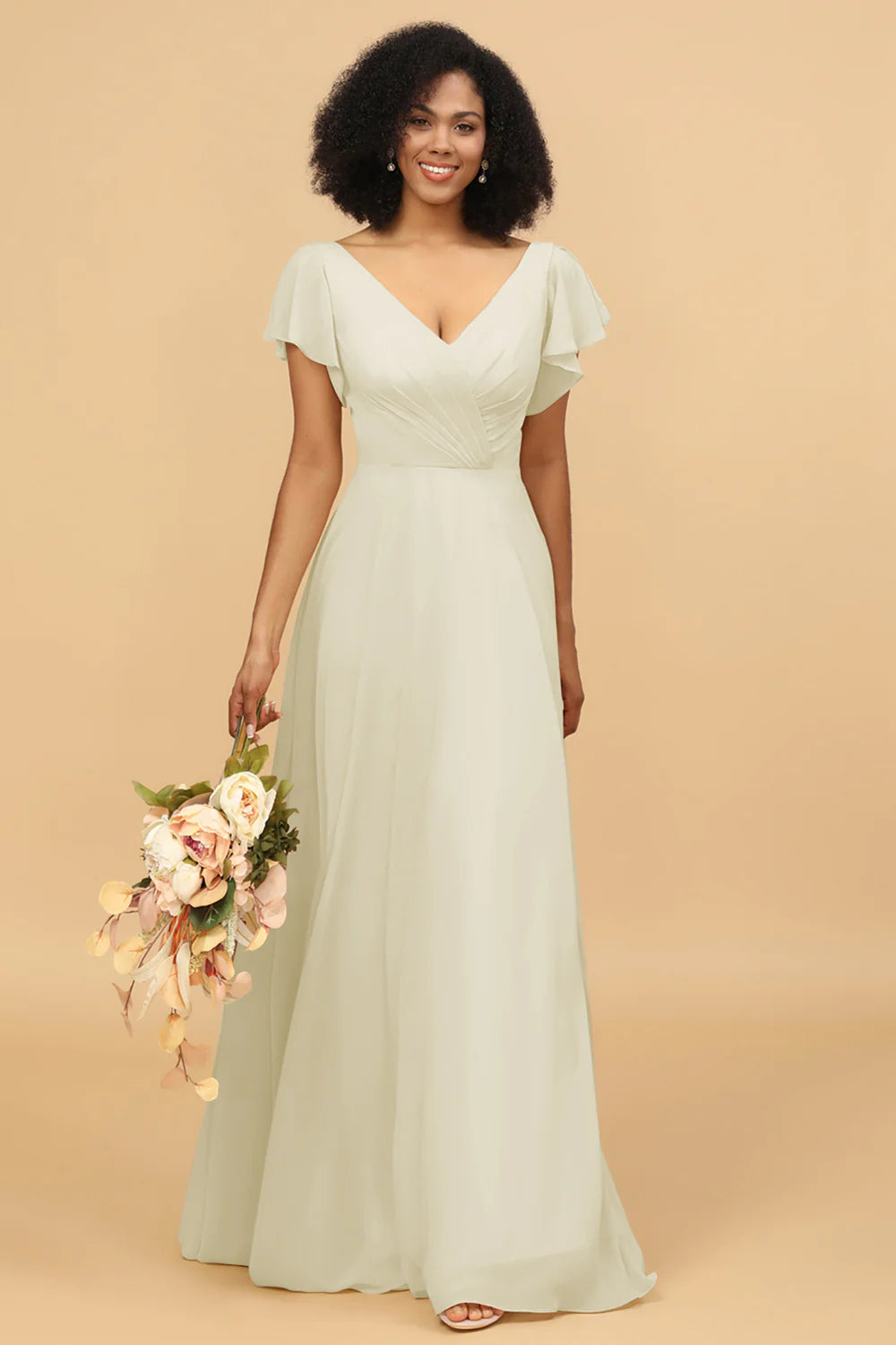 V Neck Cape Long Floor Length Chiffon Bridesmaid Dress