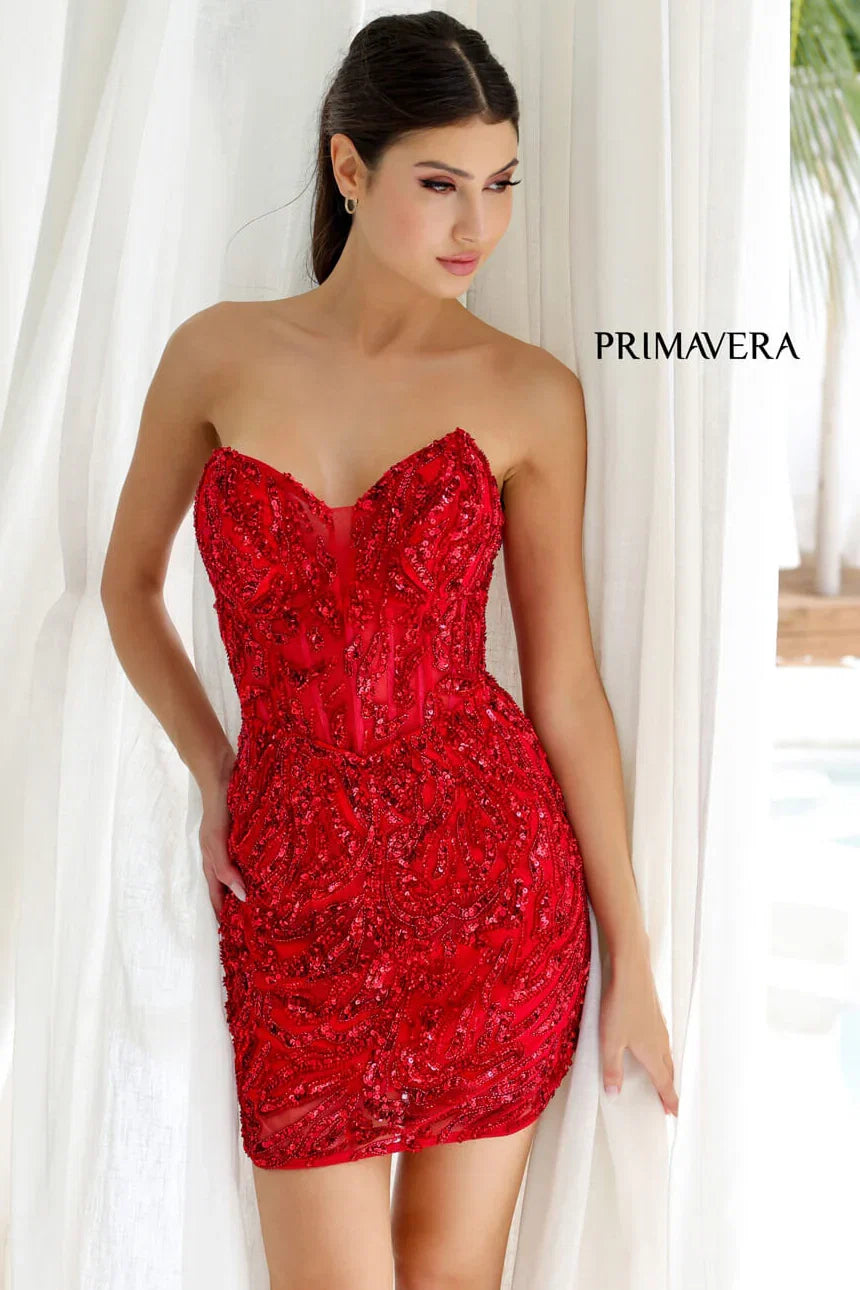 4222 Primavera Strapless Sequin Cocktail Dress with Illusion Bodice