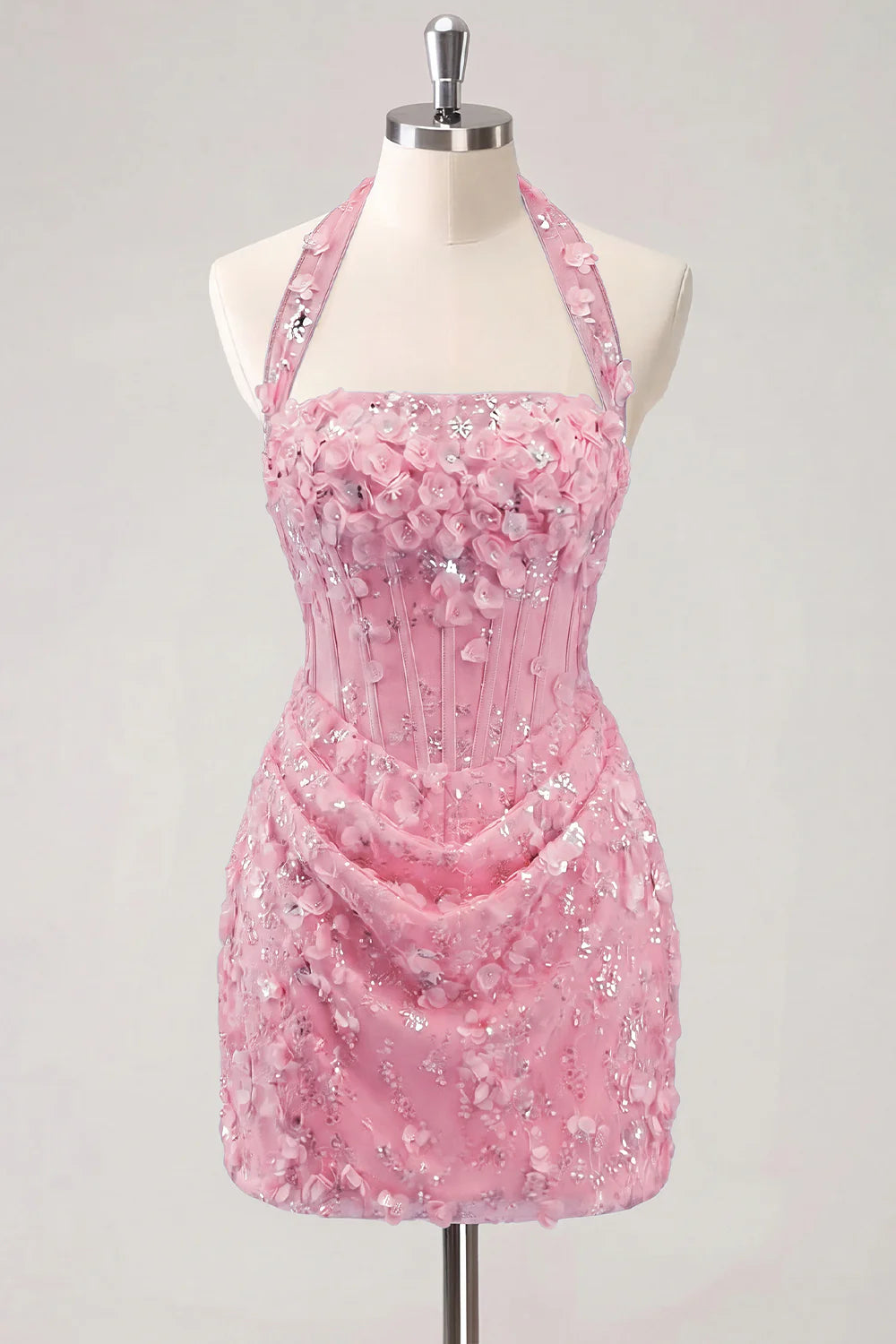 Halter Light Yellow Bodycon Corset Sequin Homecoming Dress