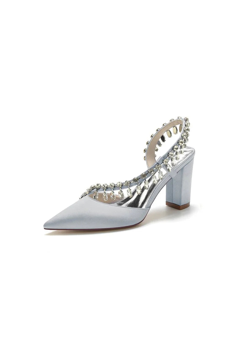 Pointed Toe Beaded Slip on Satin Chunky Heels