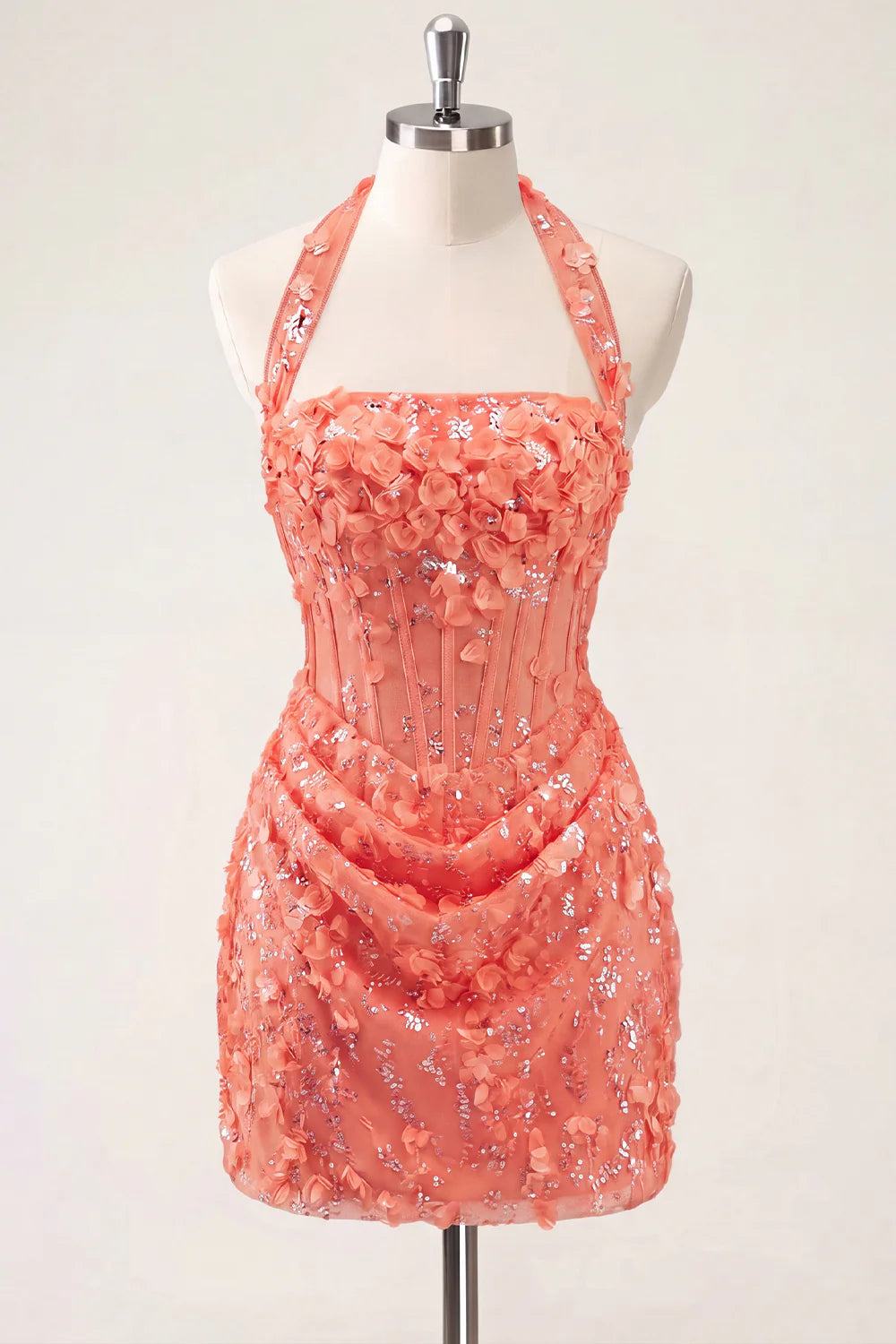 Halter Light Yellow Bodycon Corset Sequin Homecoming Dress