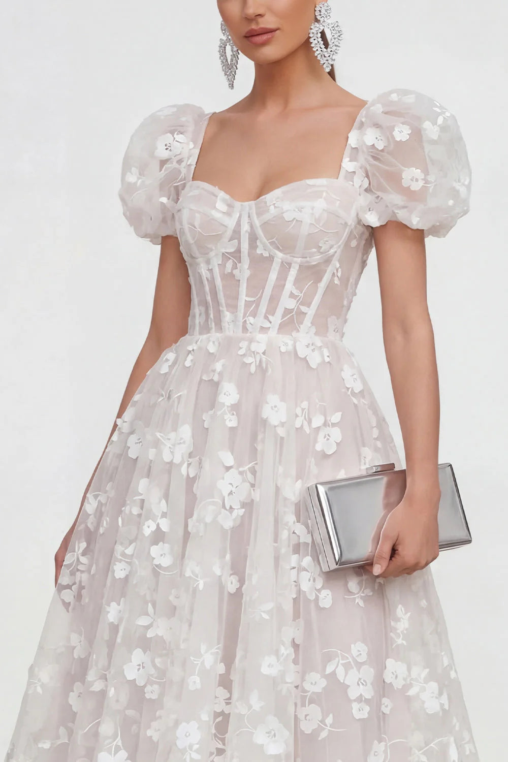 Floral Pink Puff Sleeve A Line Corset Wedding Guest Dress