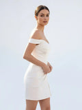 Off the Shoulder Short Satin Cowl Neck Simple Formal Wedding Dress With Slit