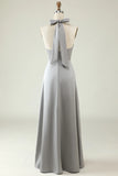 Grey A Line Halter Backless Bright Satin Bridesmaid Dress with Slit