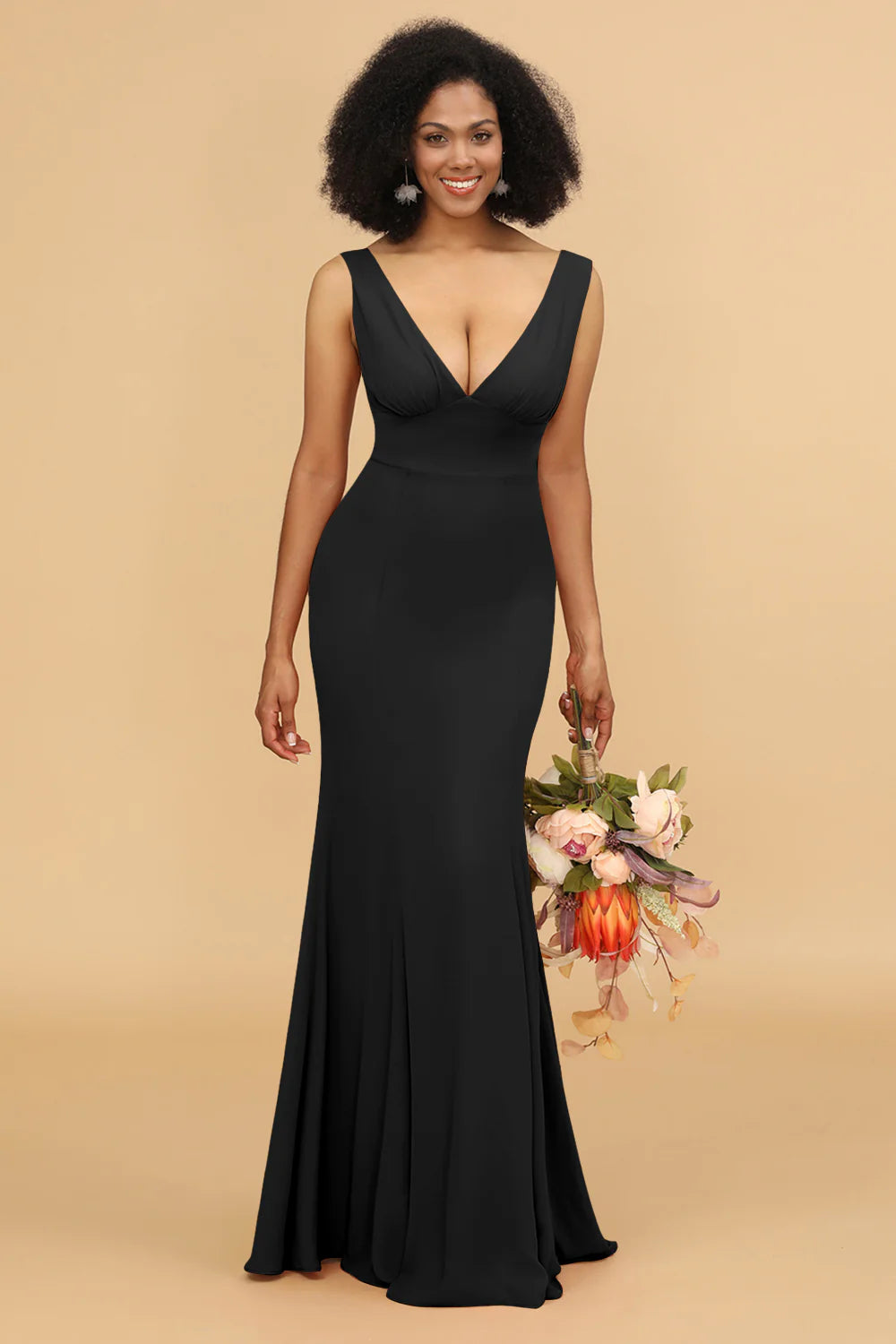 Mermaid V neck Open Back Long Chiffon Bridesmaid Dress With Ruffles