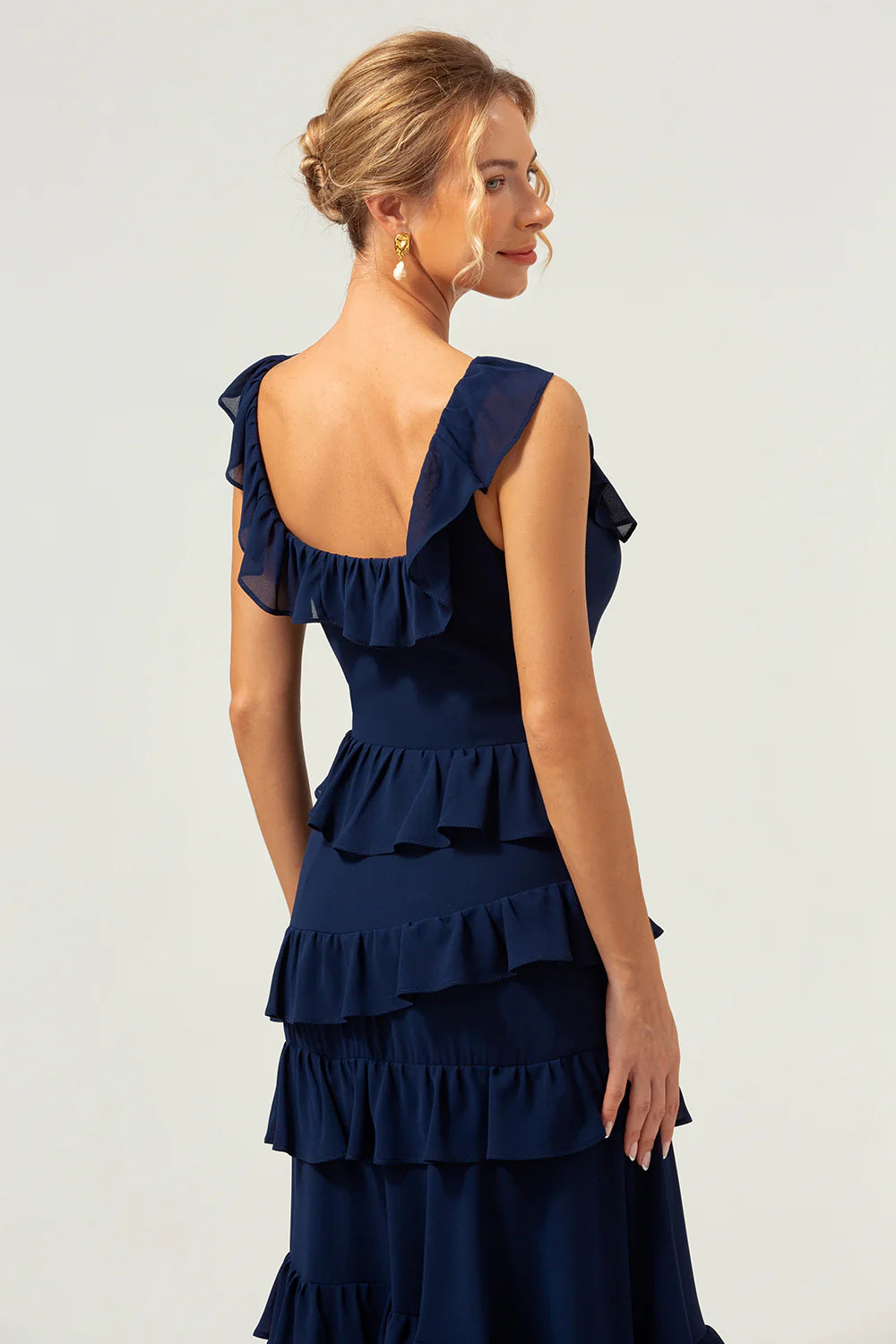 Dark Navy A Line Square Neck Tiered Long Bridesmaid Dress