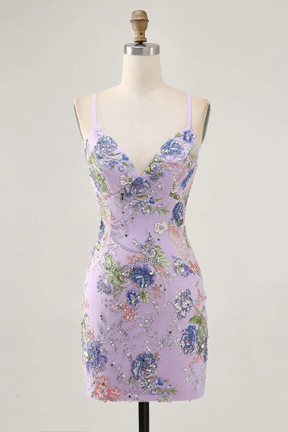 Lilac Spaghetti Straps Short Floral Tight Homecoming Dress