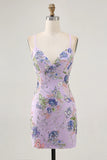 Lilac Spaghetti Straps Short Floral Tight Homecoming Dress