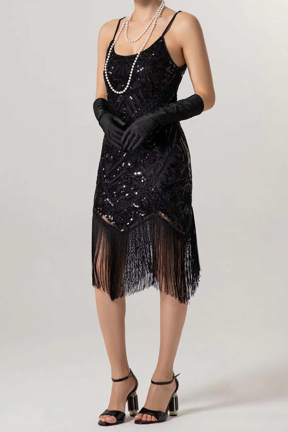 Sheath Black Golden Sequins Midi 1920s Dress with Fringes